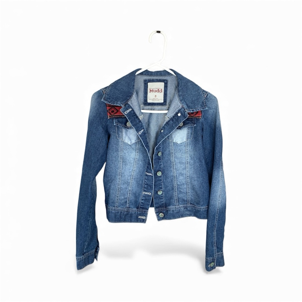 Mudd Women's Blue Denim Trucker Jacket Navajo Blanket Shoulders size Small